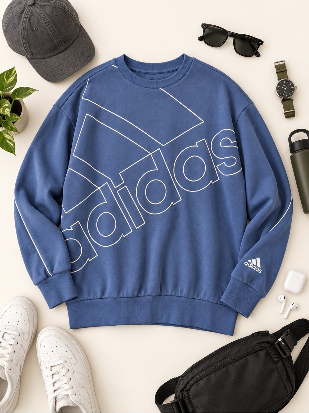 Adidas Blue Oversized Logo Crewneck Sweatshirt Men’s/Unisex Blue White